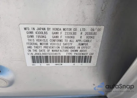 2005 Acura Tsx z USA, uszkodzony, nr VIN JH4CL96815C034975